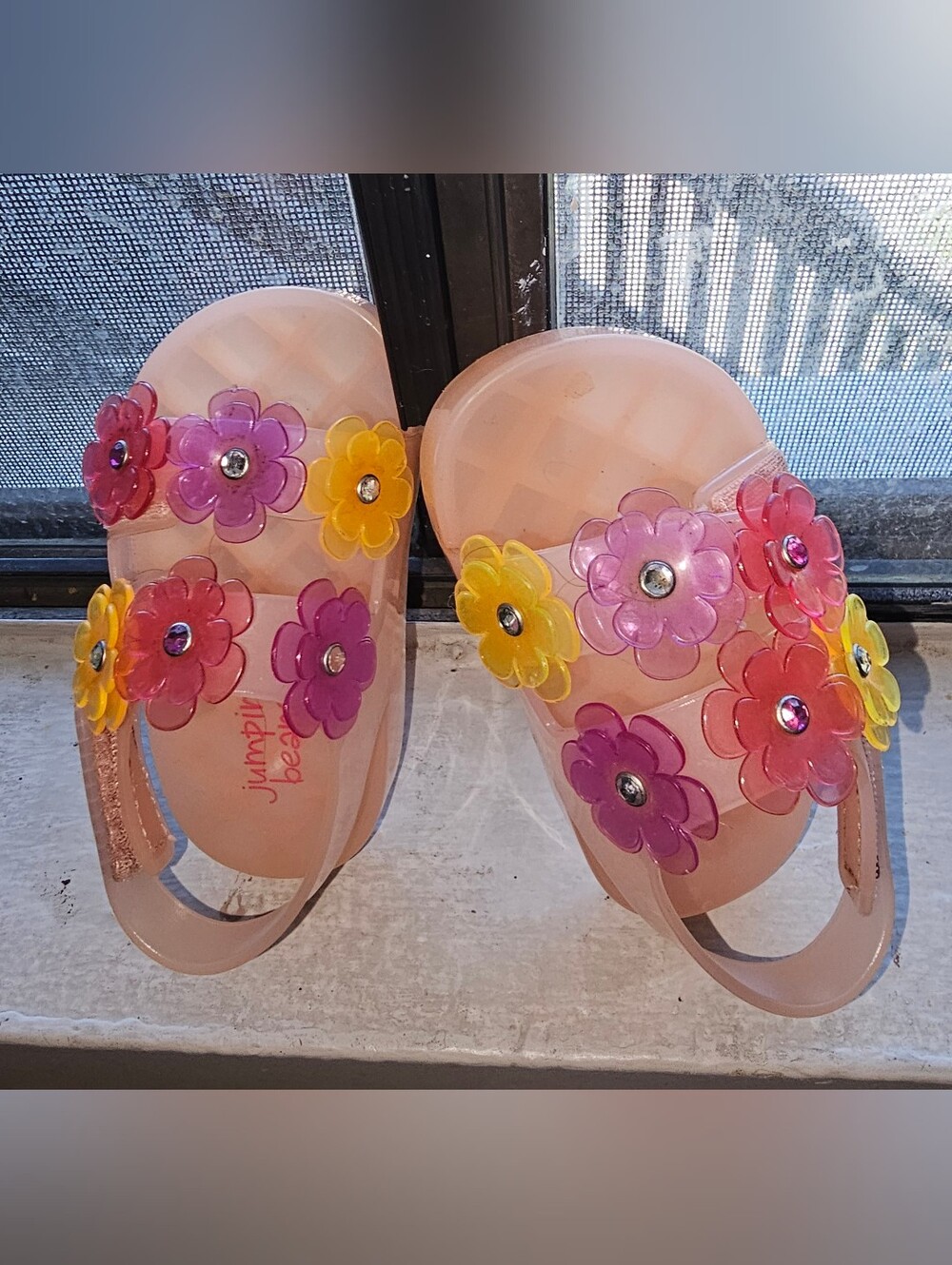 jumping beans Peach Jelly Sandals with Pink Purple Yellow Flower Accents